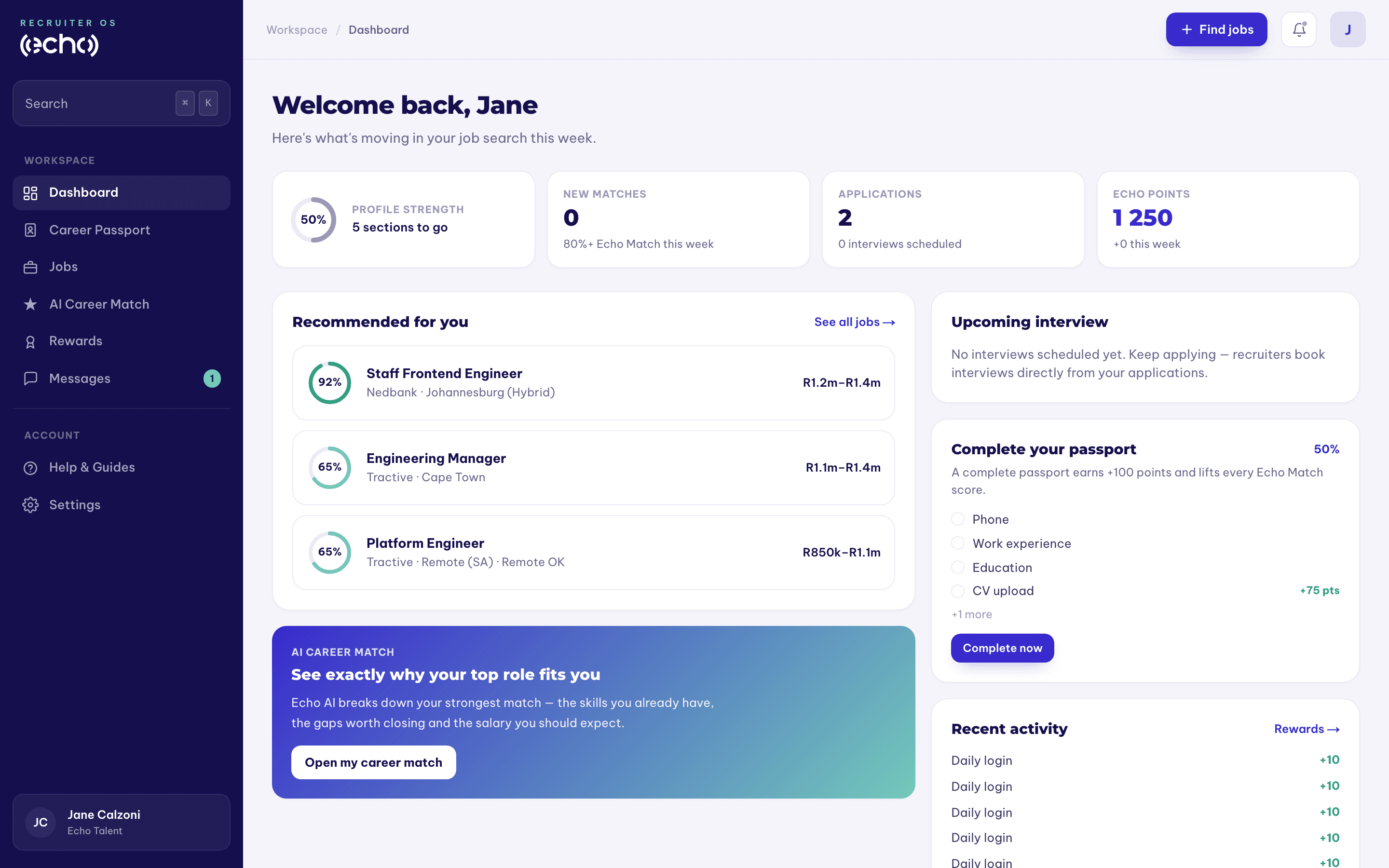 Echo Talent candidate dashboard showing recommended jobs and career passport progress